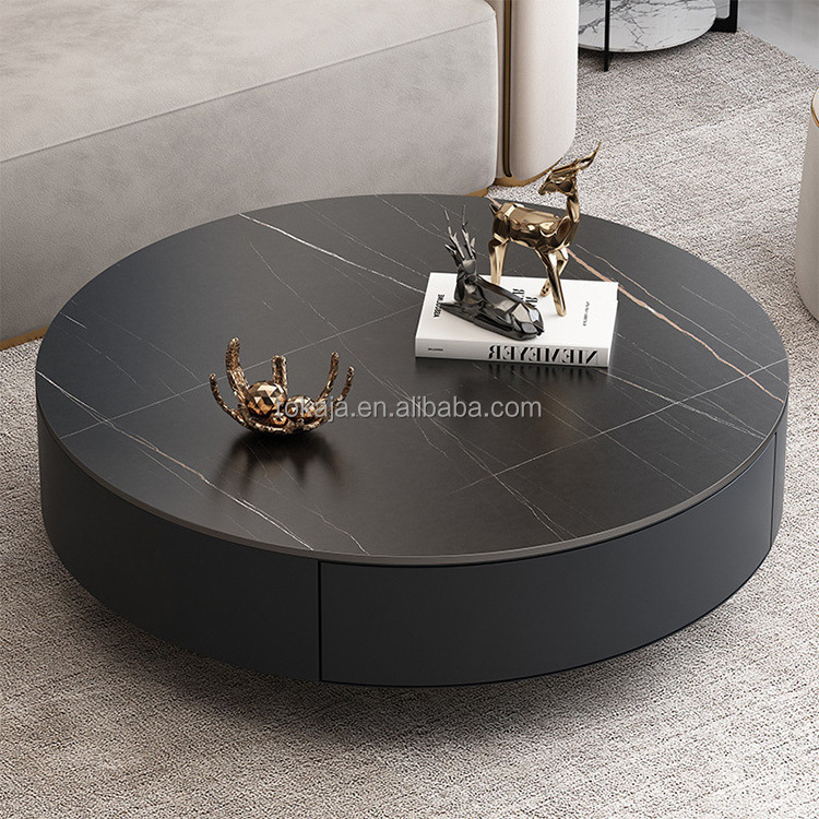 Simple Rock Slab Round Coffee Table Stainless Steel Base Center Table With Drawer Hotel Living Room Glass Side Table Combination