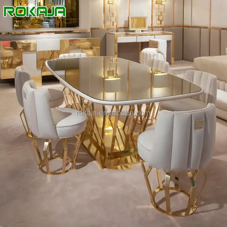 Modern Design Glass Dining Table Gold Stainless Steel Base 6 8 10 Seater Dining Table Banquet Party Rectangular Dinner Table