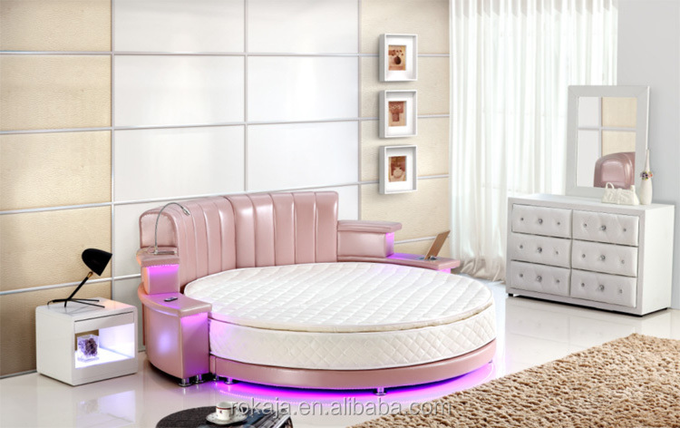 Hot Sale Cheap LED Beds Multifunctional Princess Pink Round Bed Room Sets Usb Bedroom Sets