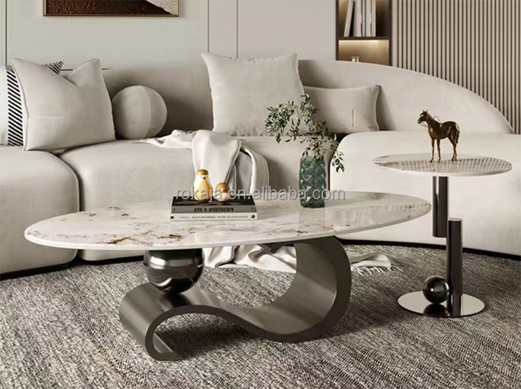 Luxury Golden Ball Base Design Coffee Table Set Marble Stone Top Stainless Steel Frame Tea Center Table