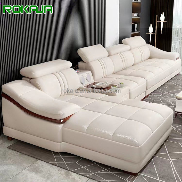 Hot Sale Smart L-Shape Combination Sofa Leather Wooden Living Room Sofa Set Modern Furniture Sofa With Wireless Charging