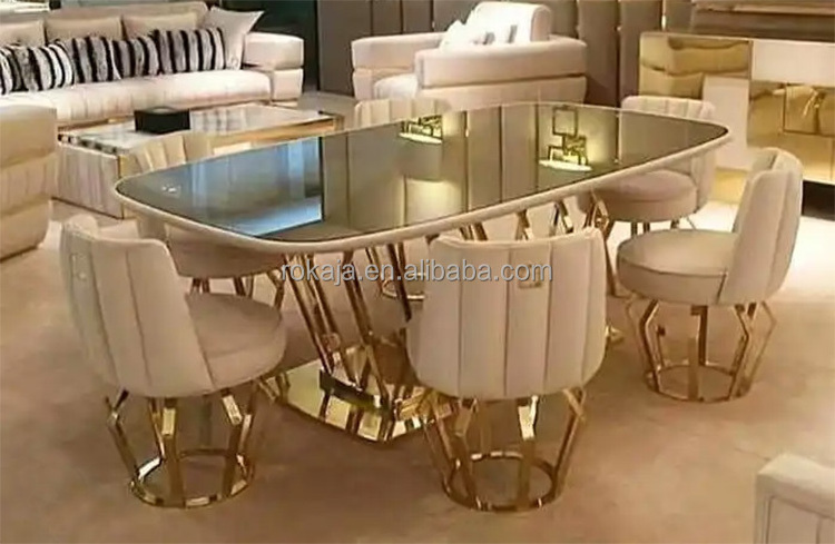 Modern Design Glass Dining Table Gold Stainless Steel Base 6 8 10 Seater Dining Table Banquet Party Rectangular Dinner Table