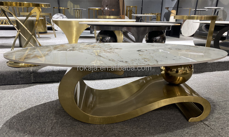 Luxury Golden Ball Base Design Coffee Table Set Marble Stone Top Stainless Steel Frame Tea Center Table