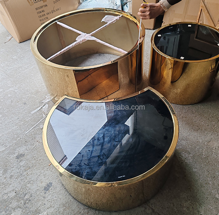 Luxury Round Glass Top Coffee Table Set Creative Three Sizes Glossy Matte Gold Stainless Steel Frame Marble Center Tea Table