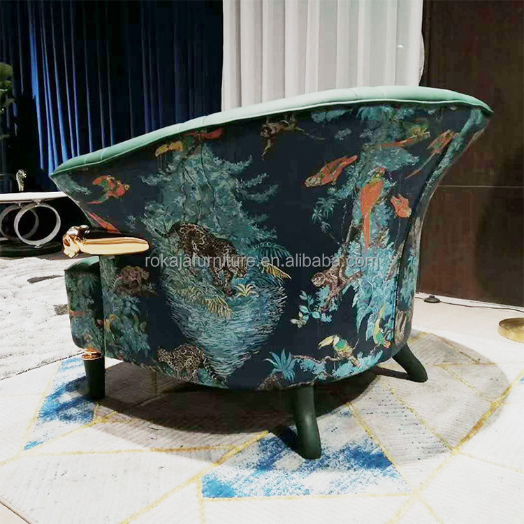 New Design Embroidery Pattern Single Sofa Chair Colorful Fabric Metal Armchair Hotel Living Room Luxury Decoration Leisure Chair