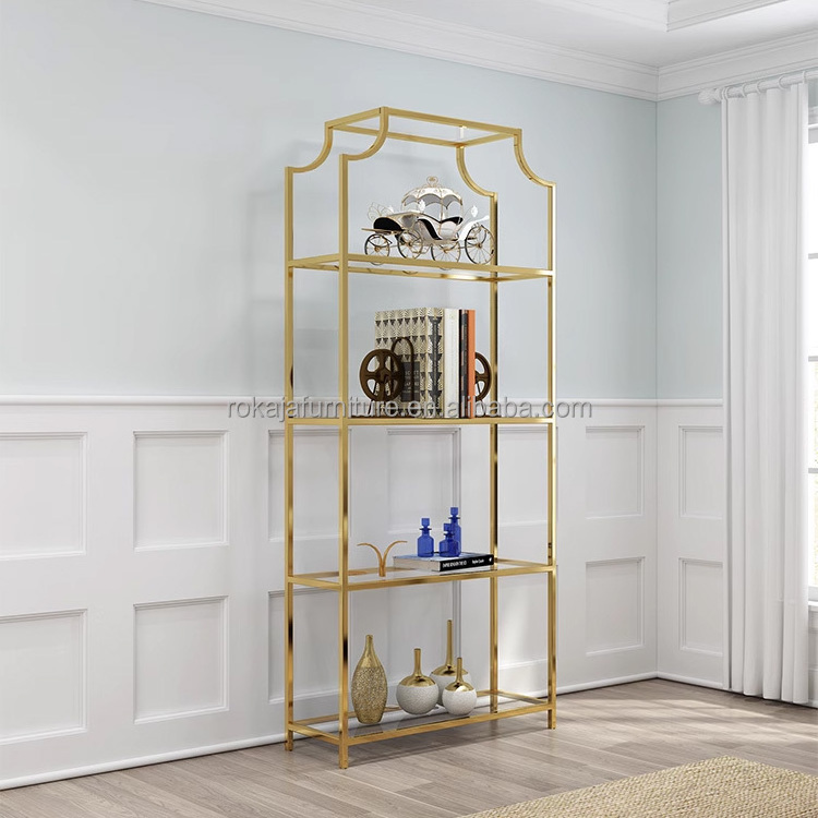 Simple Gold Frame Bookcase 4 Tier Large Space Metal Display Storage Shelves Study Room Library Office Antique Bookcase