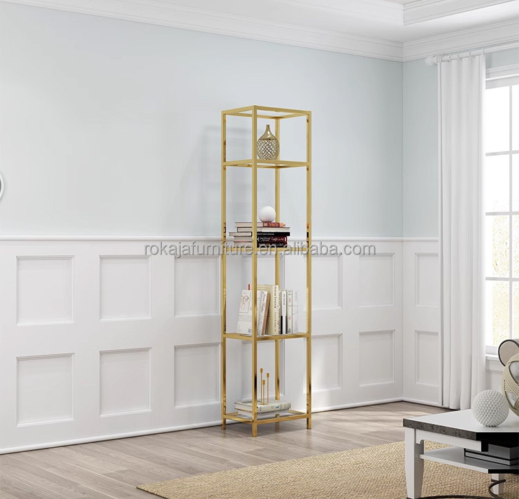 Simple Gold Frame Bookcase 4 Tier Large Space Metal Display Storage Shelves Study Room Library Office Antique Bookcase