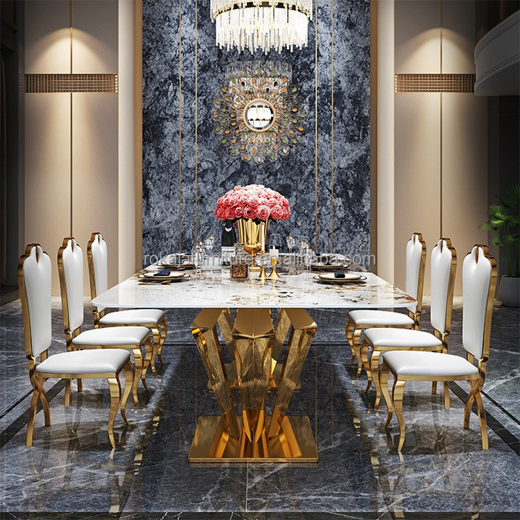 New Design Rectangular Family Dining Table Diamond Shape Metal Base Marble Top Dinner Table Restaurant 10 Seater Dining Table