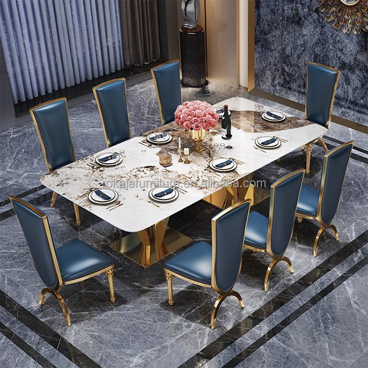 New Design Rectangular Family Dining Table Diamond Shape Metal Base Marble Top Dinner Table Restaurant 10 Seater Dining Table