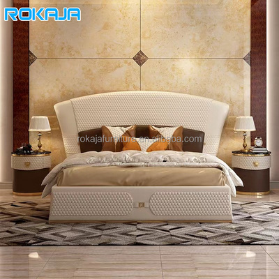 High-End Custom Bedroom Double Bed Curved Leather Headboard Sponge Filled Upholstered Bed Home Villa Luxury Princess Bed