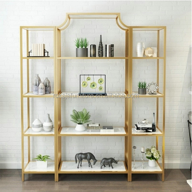 Simple Gold Frame Bookcase 4 Tier Large Space Metal Display Storage Shelves Study Room Library Office Antique Bookcase