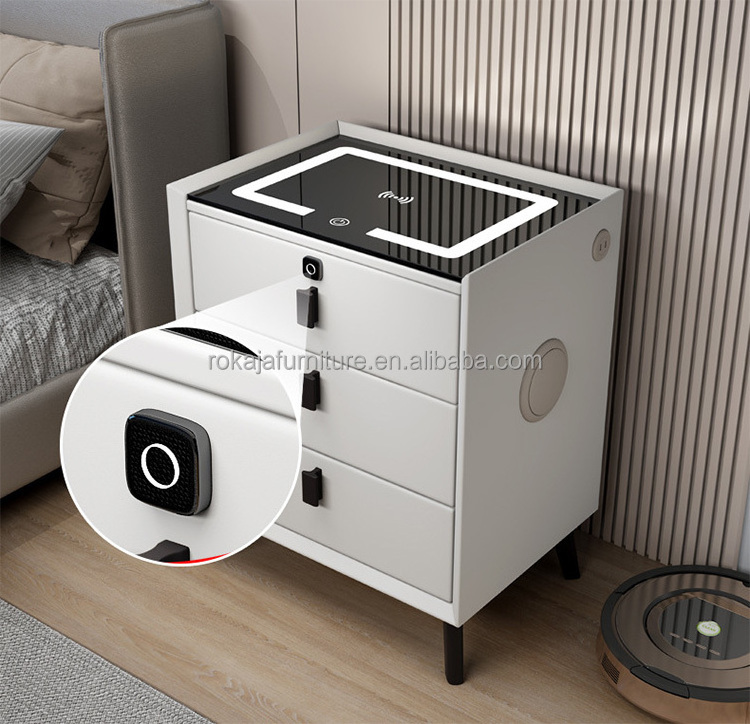 Hot Sale Smart Bedside Table Modern Minimalist Design Nightstand With Fingerprint Lock Wireless Charging Speaker