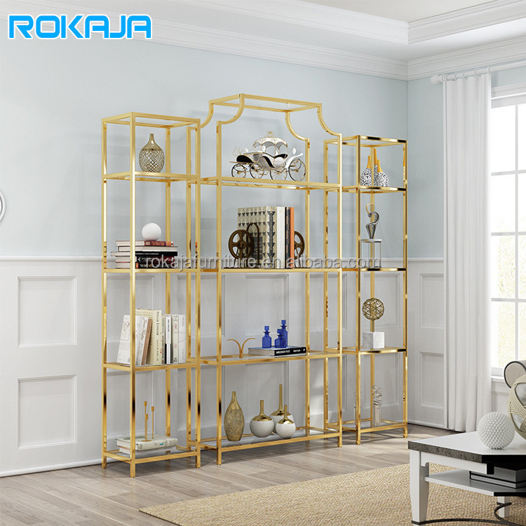 Simple Gold Frame Bookcase 4 Tier Large Space Metal Display Storage Shelves Study Room Library Office Antique Bookcase