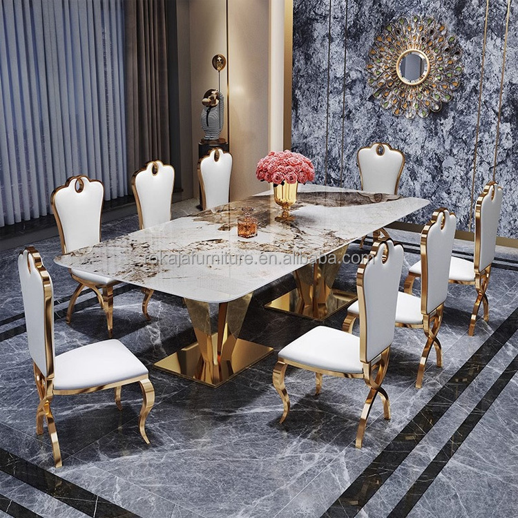 New Design Rectangular Family Dining Table Diamond Shape Metal Base Marble Top Dinner Table Restaurant 10 Seater Dining Table