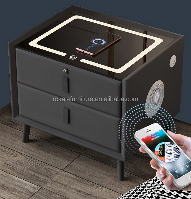 Hot Sale Smart Bedside Table Modern Minimalist Design Nightstand With Fingerprint Lock Wireless Charging Speaker