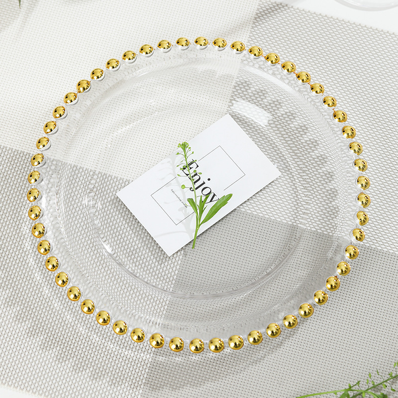 wholesale for restaurant clear food serving Decoration wedding Gold Beaded glass charger plate tray dish sets dinnerware