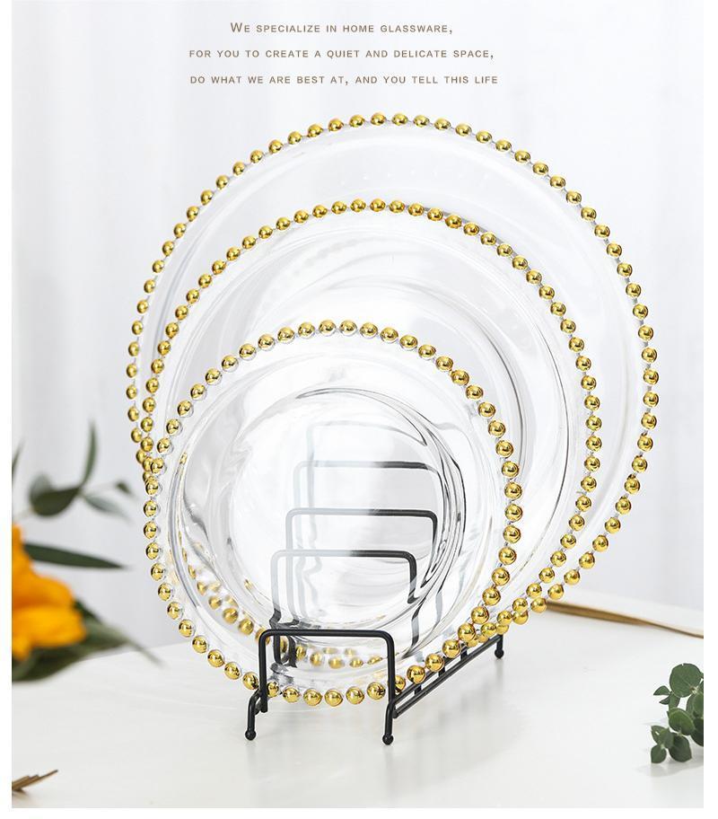 wholesale for restaurant clear food serving Decoration wedding Gold Beaded glass charger plate tray dish sets dinnerware