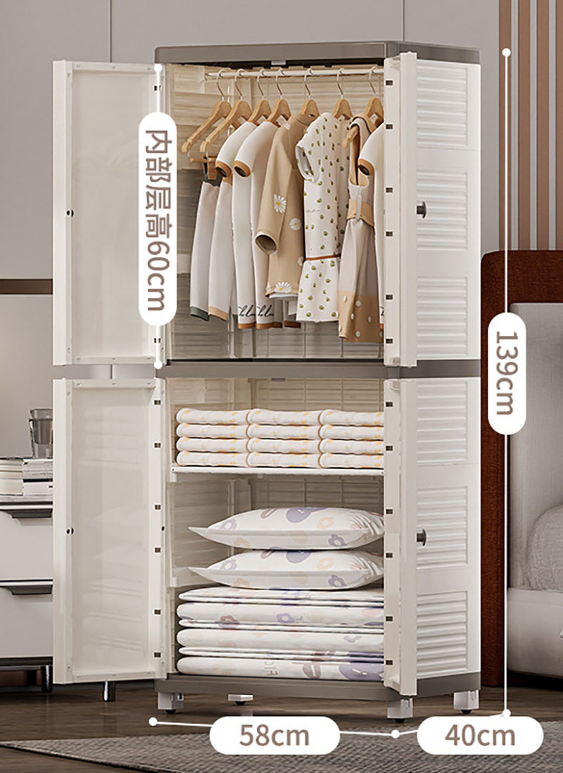 Plastic Portable Closet Clothes Wardrobe With Casters, Cube Storage Organizer With Hanging Rod And Doors For Bedroom Living Room