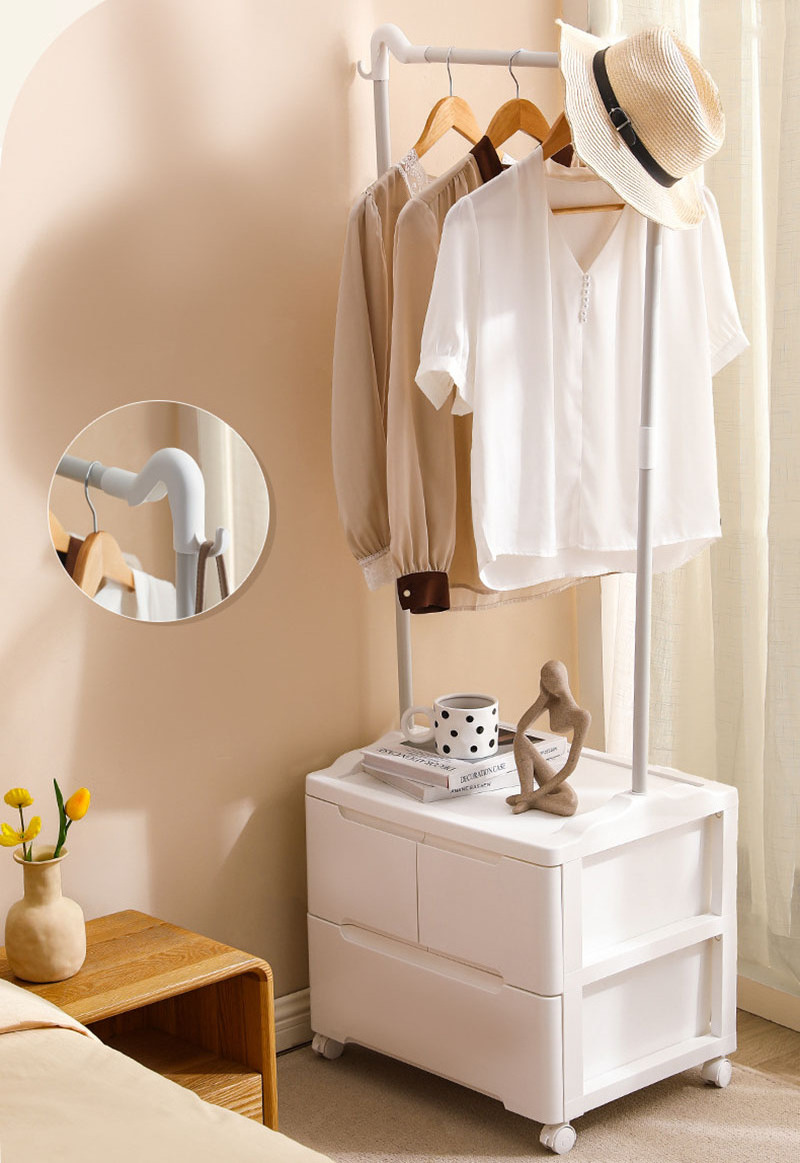 Clothes Racks For Hanging Clothes With Wheels, Portable Clothes Rack With 2 Drawers, Bedside Table Storage For Bedroom