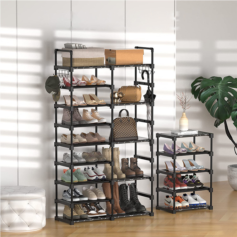 Multi-tiers Removable Metal Shoe Rack Organizer With Hooks, Large Shoe Storage Shelf, Stackable Shoe Rack For Boot Shoe Storage