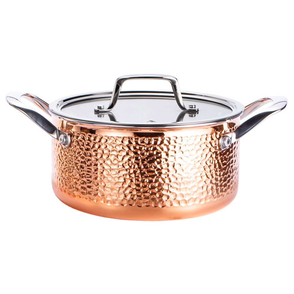 NO MOQ Copper Hammered Cookware Set, 5 Piece Triple Kitchenware Cooking Pot Includes Sauce pan, Casserole, Frying Pan