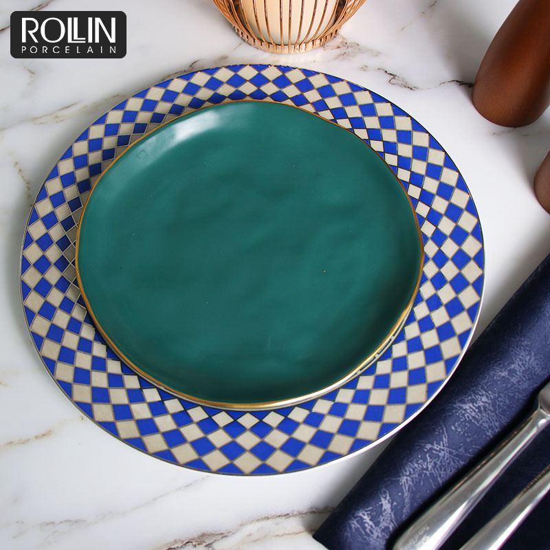 Luxury Dinnerware Brands Christmas Dinner Set Glazed Dark Green Microwave Tableware Plates Set Christmas Dinner Table Set