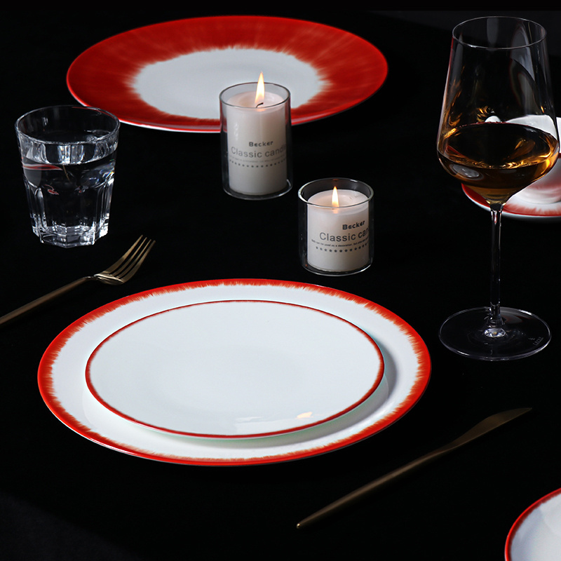 Unique Design Bone China Dinnerware Luxury Dishes Velvet Red Porcelain Dinner Plates Restaurants Plates For Resell