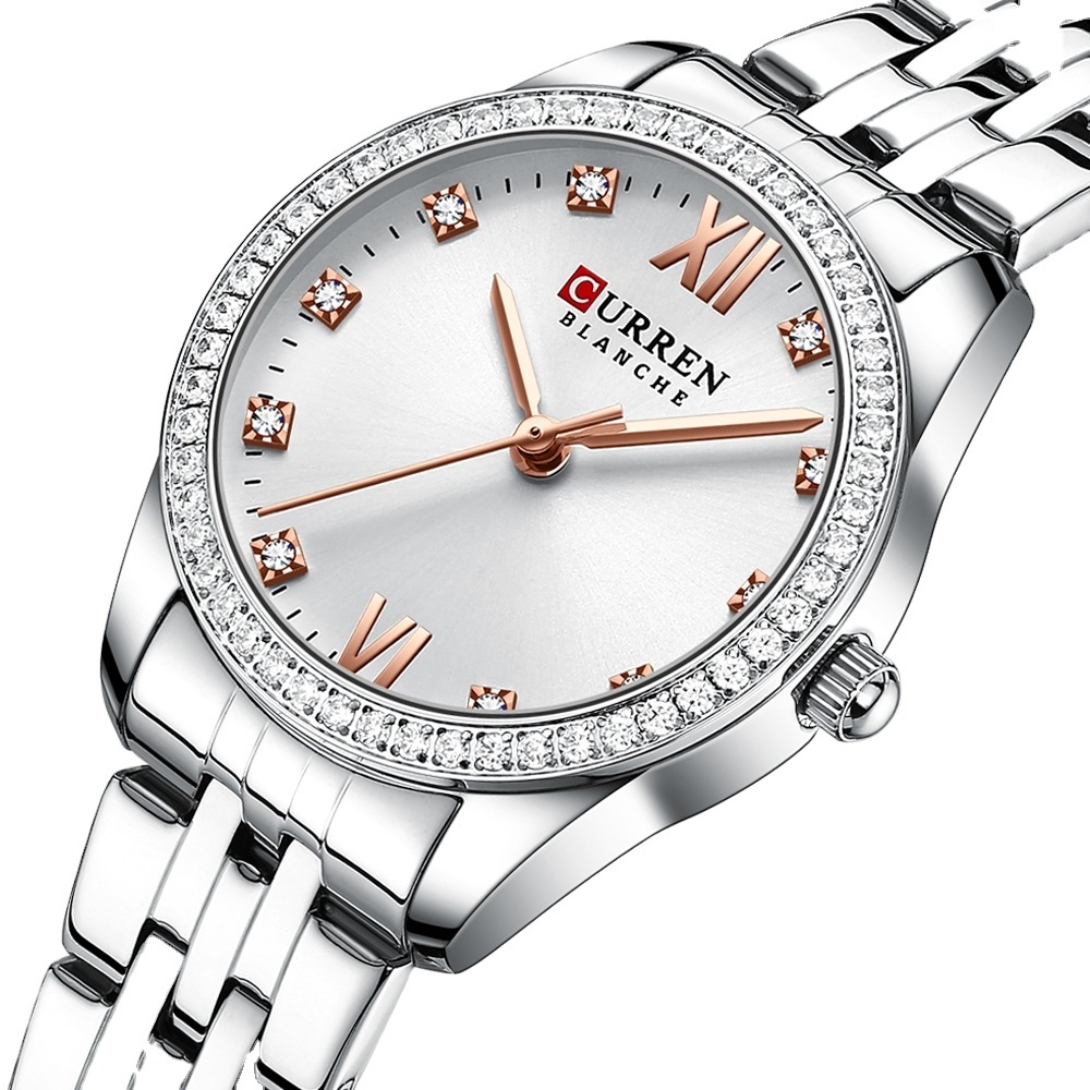 CURREN 9086 Classy Dress Watches for Women Stainless Steel Band Clock Female Rhinestone Dial Slim Wristwatches Ladies