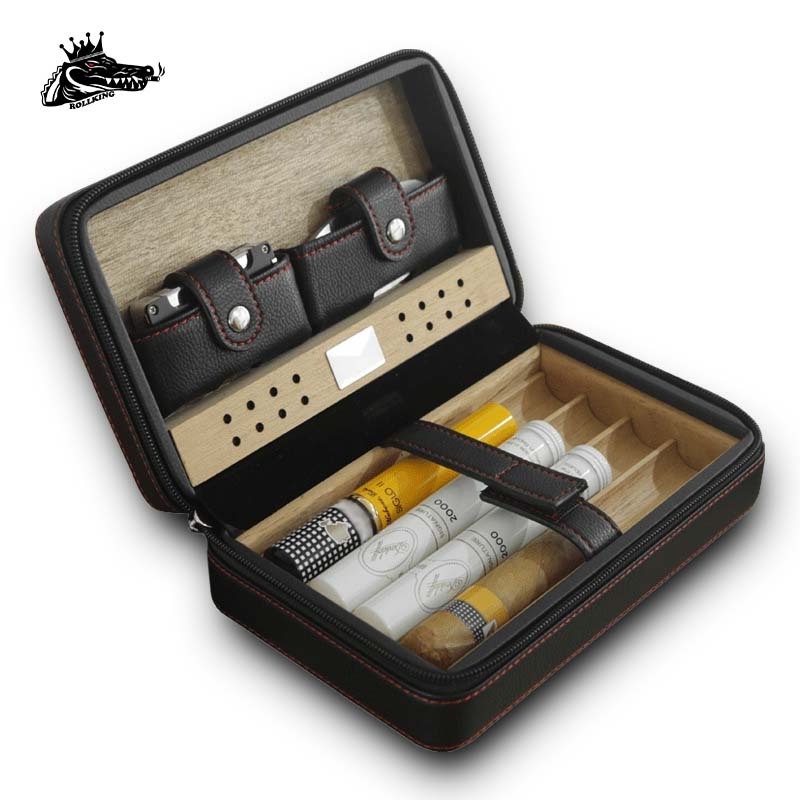 Premium Portable Leather Cigar Set Humidor Cigarette Case Cuban Box Windproof Lighter Cutter Tool Humidor Leather Set