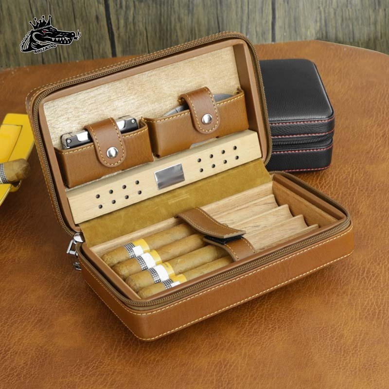 Premium Portable Leather Cigar Set Humidor Cigarette Case Cuban Box Windproof Lighter Cutter Tool Humidor Leather Set