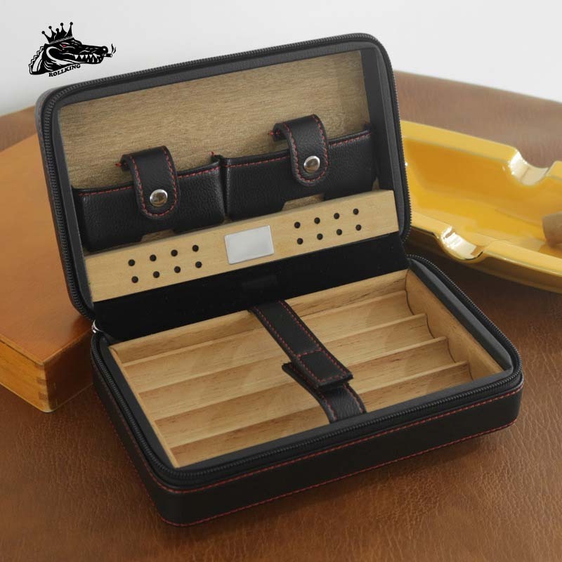 Premium Portable Leather Cigar Set Humidor Cigarette Case Cuban Box Windproof Lighter Cutter Tool Humidor Leather Set