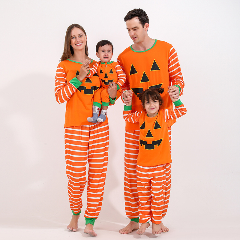 Imitate cotton breathable long sleeve parent-kid baby All Saints' day costume graph printed striped orange halloween outfit