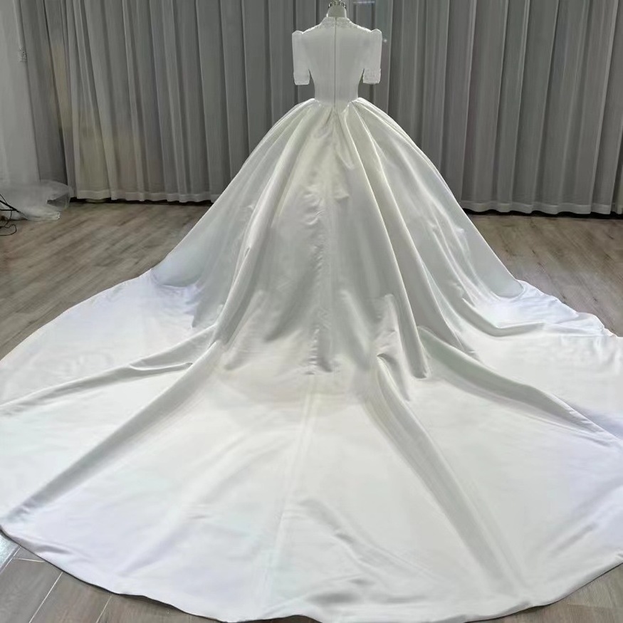 High end French satin wedding dress classic elegant beaded V neck middle sleeve sweep bridal gown