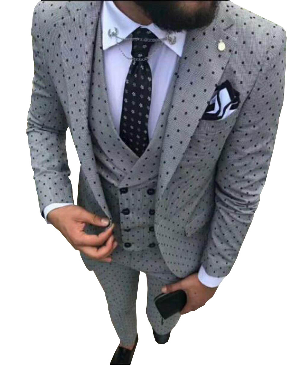 Customized fashionable men 3 piece jacket vest pants casual dot suits slim fit notch lapel groom blazer tuxedo for wedding