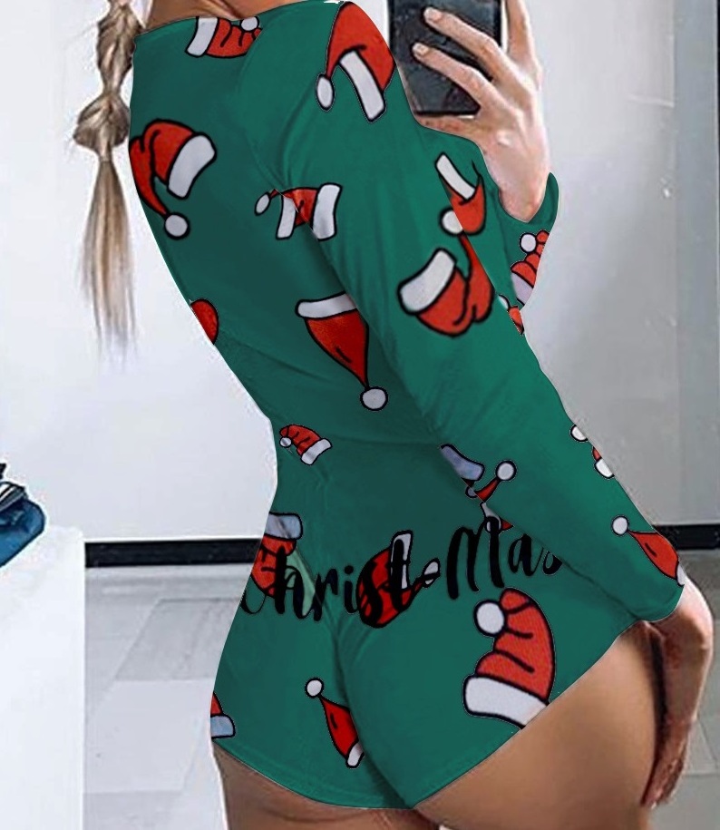 New fashion long sleeve short pant holiday Christmas printed bodycon sexy deep V onesie pajamas for women