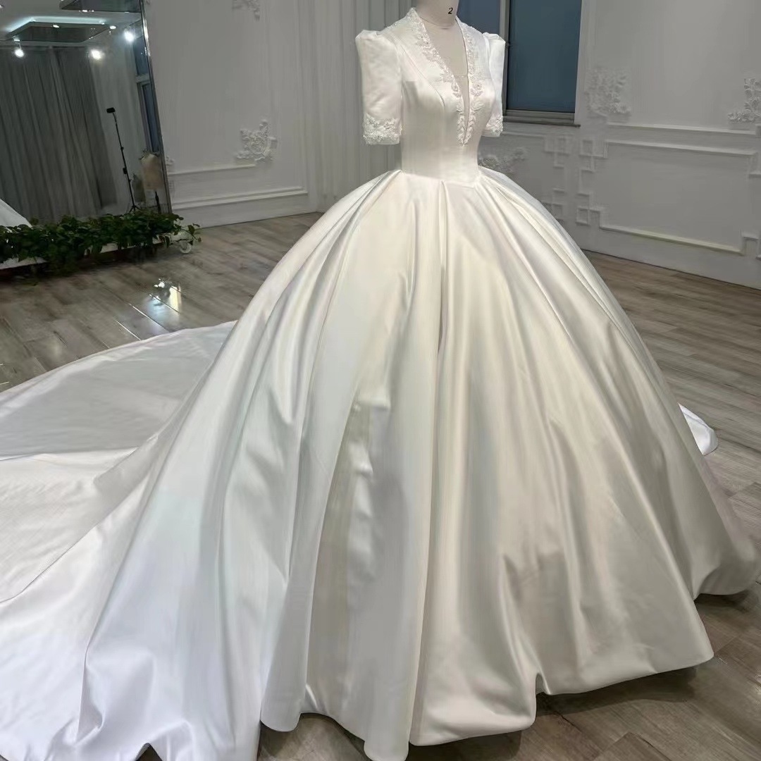 High end French satin wedding dress classic elegant beaded V neck middle sleeve sweep bridal gown