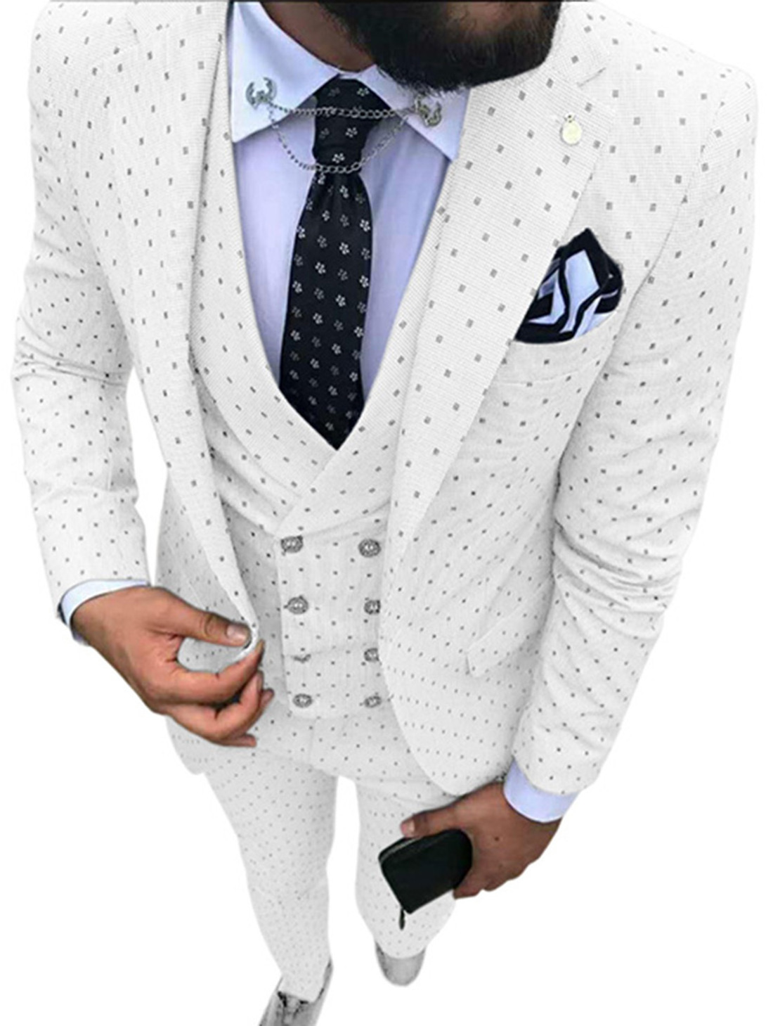 Customized fashionable men 3 piece jacket vest pants casual dot suits slim fit notch lapel groom blazer tuxedo for wedding