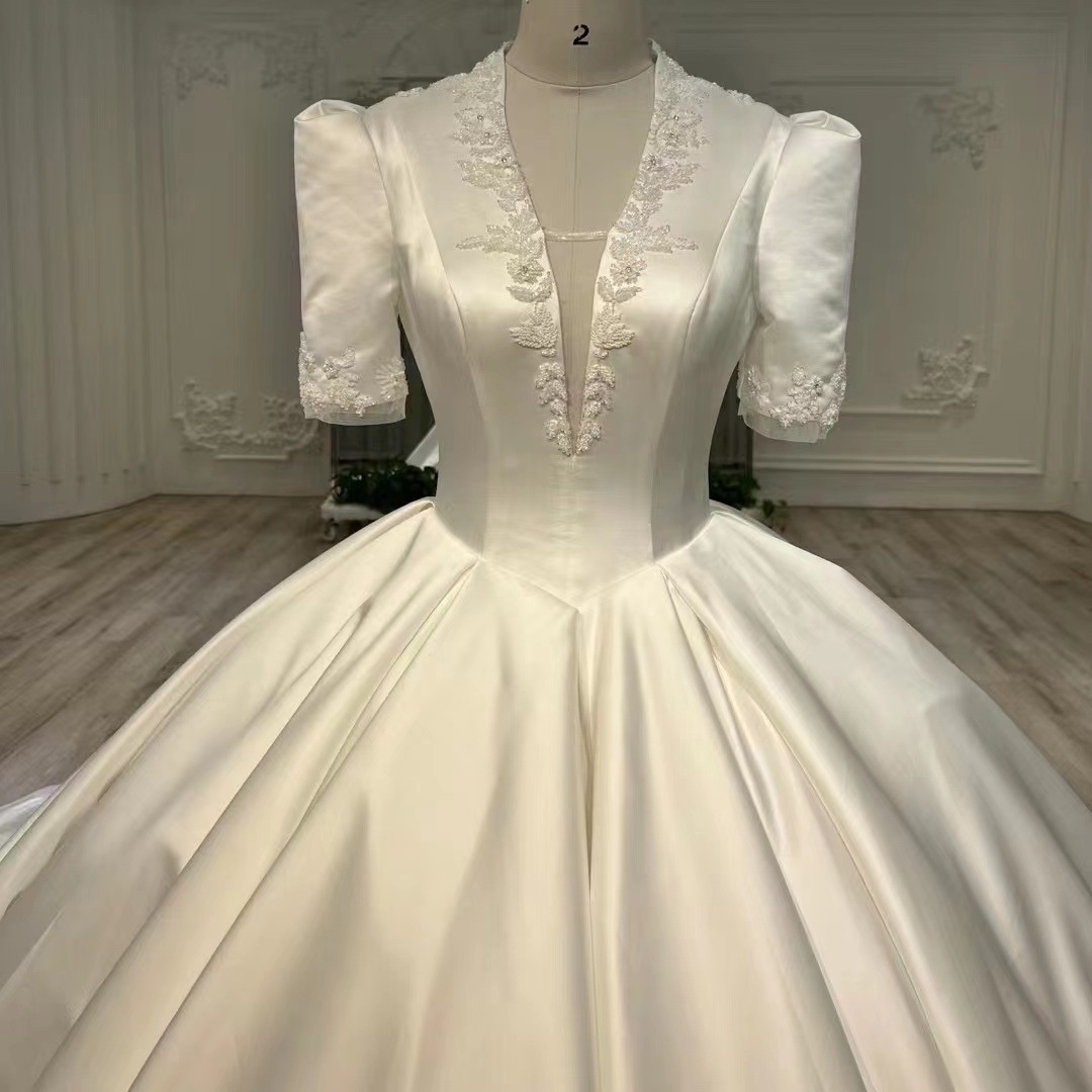 High end French satin wedding dress classic elegant beaded V neck middle sleeve sweep bridal gown