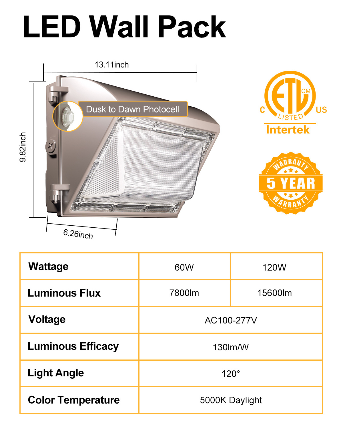 5 Years Warranty IP65 Outdoor Waterproof 120W LED Wall Lamps