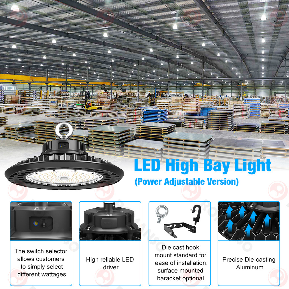 5 Years Warranty 100w 150w 200w 240w UL ETL IP65 Power CCT Adjustable Warehouse Led UFO High Bay Lights