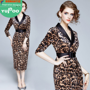 Wholesale in stock Elegant Women Fashion Leopard Print Blazer Collar Belt Waist Gold Velvet Long Sheath Dress