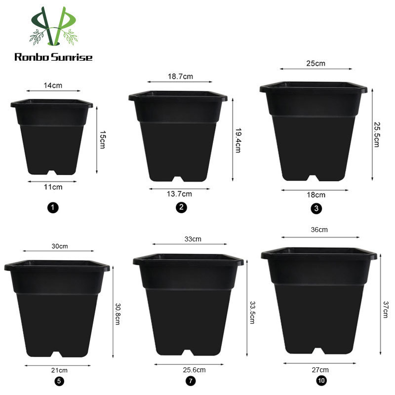 Ronbo Sunrise Black Square 1 2 3 5 7 10 Gallon Planting Plastic Nursery Plant Pots