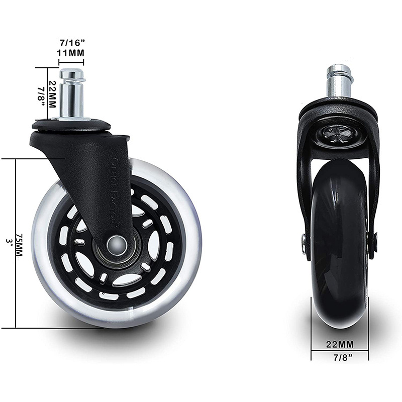 Best-selling Universal Fit Chair Casters 3 Inch Transparent Polyurethane Swivel Office Chair Caster Wheels for All Floors