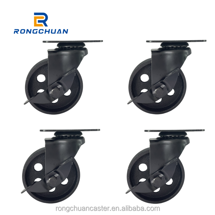 4 Pcs All Black Metal Swivel Plate Caster Wheels With Side Brake Lock Heavy Duty High-gauge Steel (4