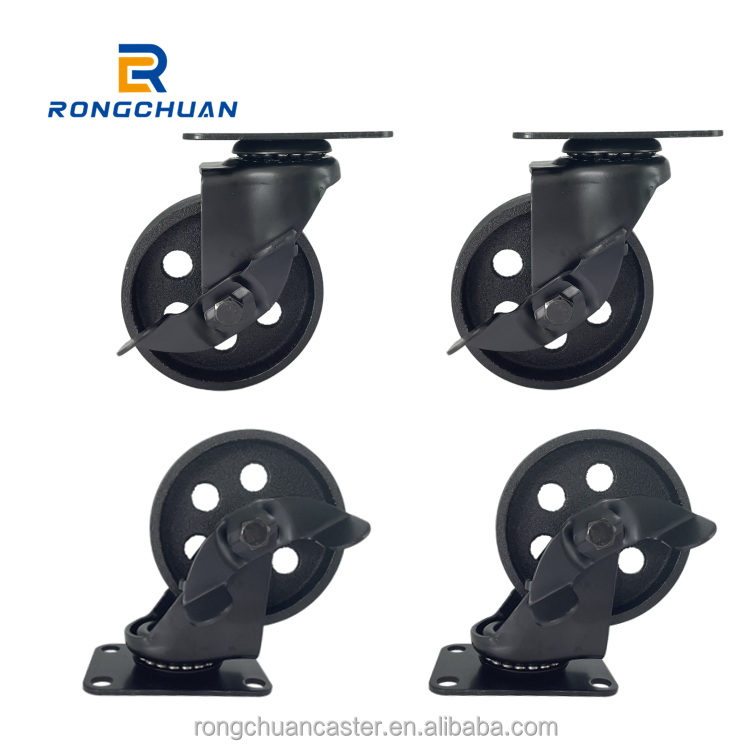 4 Pcs All Black Metal Swivel Plate Caster Wheels With Side Brake Lock Heavy Duty High-gauge Steel (4