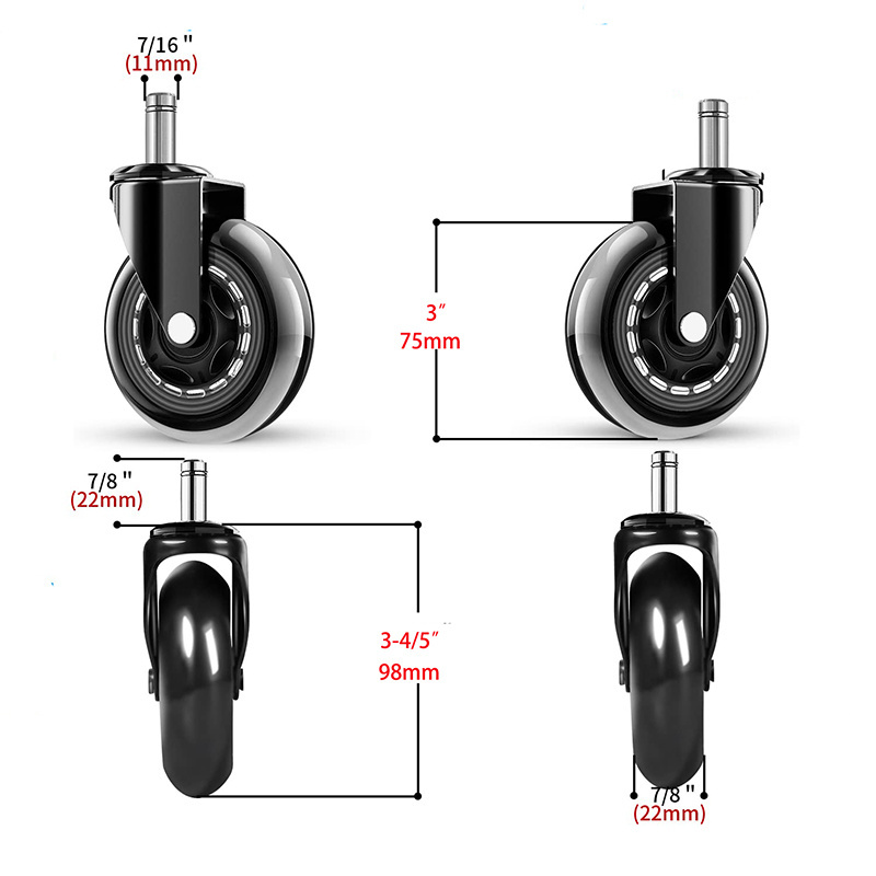 Best-selling Universal Fit Chair Casters 3 Inch Transparent Polyurethane Swivel Office Chair Caster Wheels for All Floors