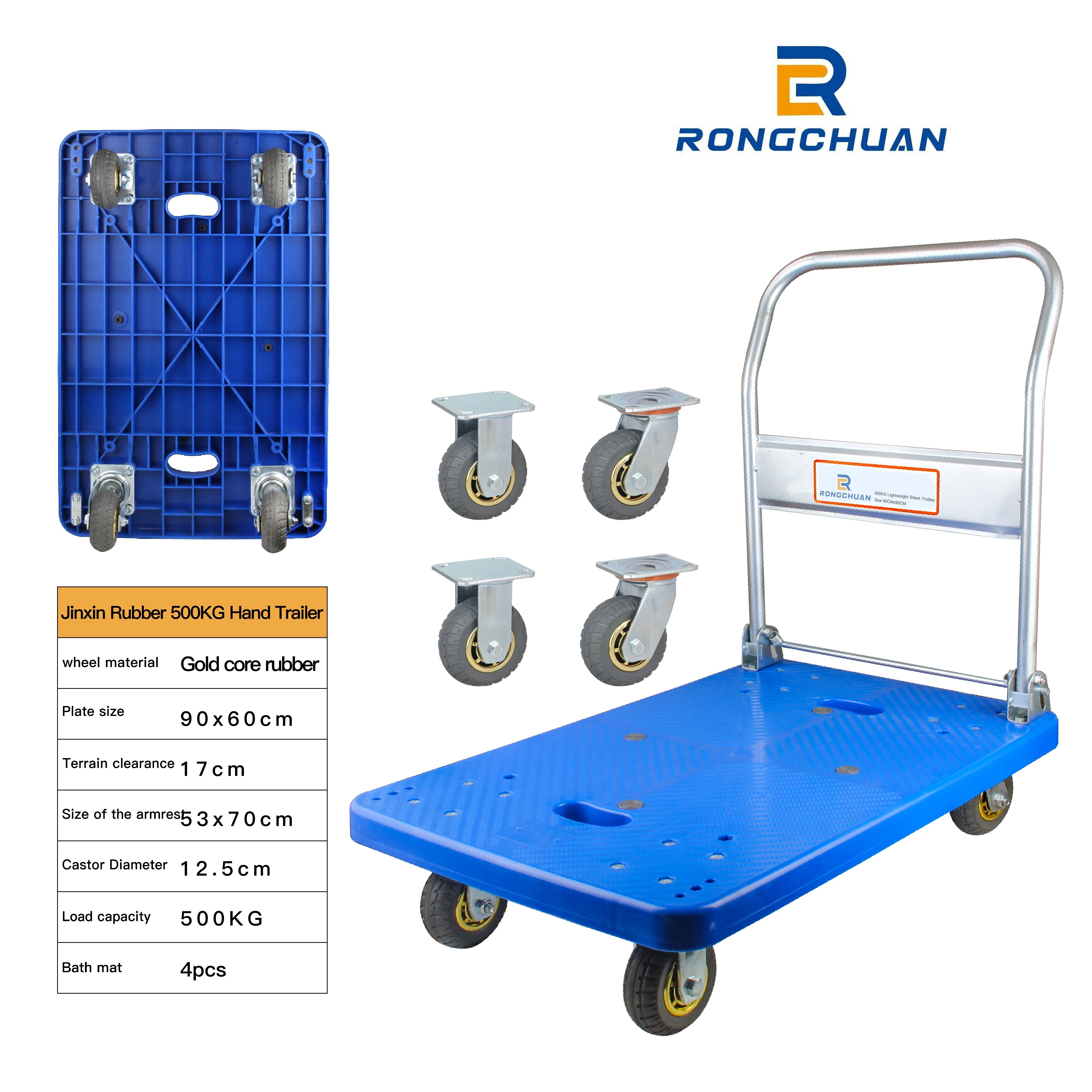 Hand Trolley Chrome Plated 90*60CM 500kgs Load Capacity Plastic Flatbed Push Cart With Silent Wheel Trolley Carts For Tool