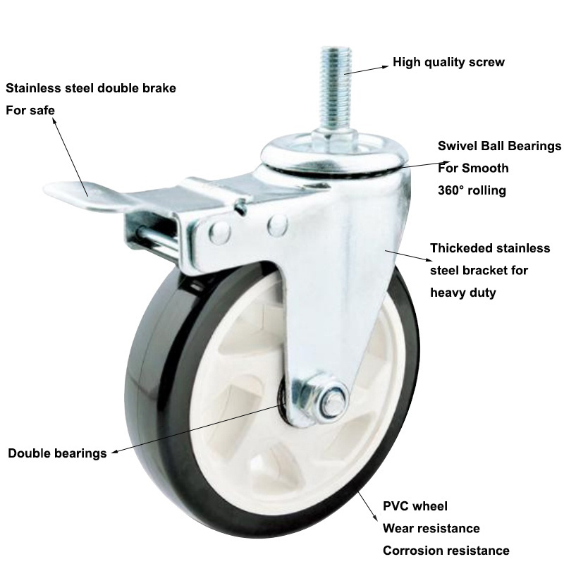 Medium Duty Industrial Caster Wheels Threaded Stem Rotate Casters 2.5/3/4/5 Inch PVC Caster Wheels with Dual Locking