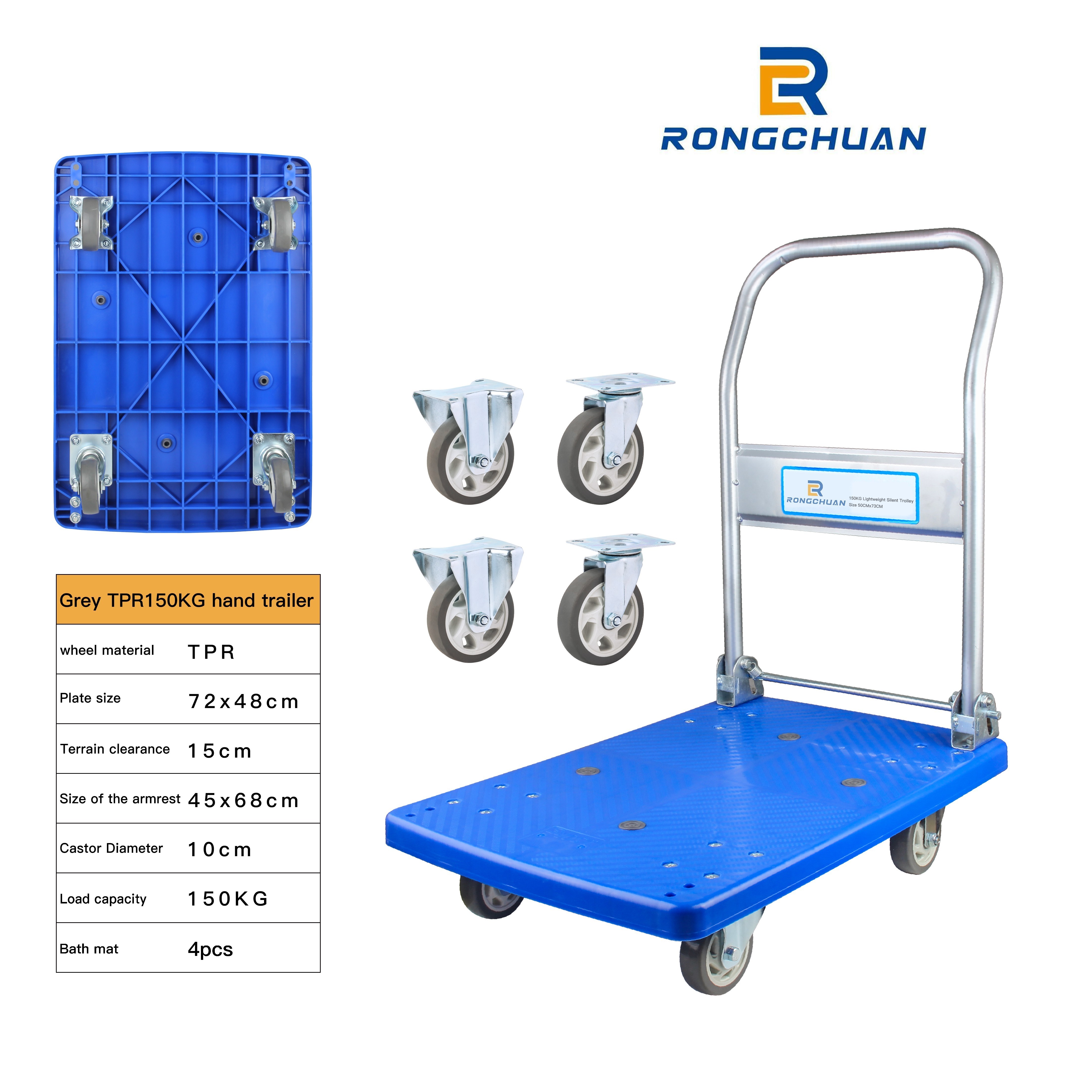 High Quality Blue Hand Trolley 300kg Loading Foldable Warehouse Trolley Platform Push Trolley Folding Cart