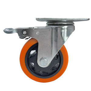 Medium duty industrial castors roller orange pu wheel 4 inch plate caster wheel with brake